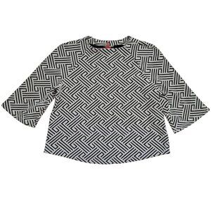 W5 Blouse Geometric Print Boxy Fit Black White 3/4 Sleeve Large Retro Minimalist